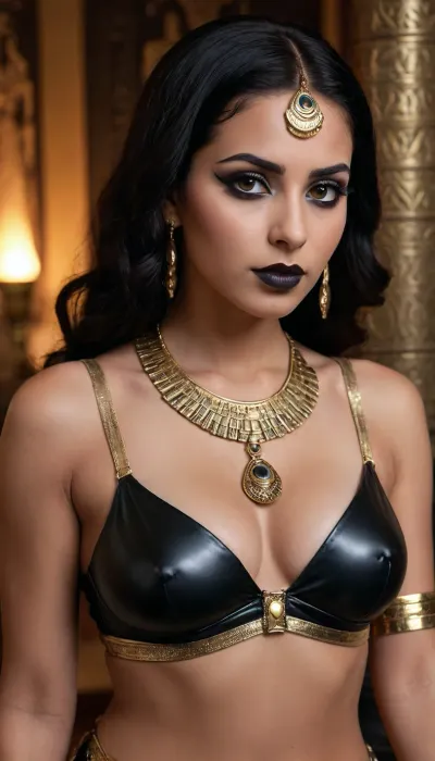 Athletic 20 year old Egyptian cleopatra, she has extreme dark hazel eyes, wearing lots of black eye makeup with sharp black points at the corner of her eyes, dark lipstick, big tits, cleavage, traditional Egyptian outfit