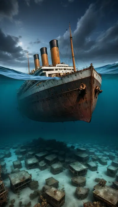 Here is a description of the image, One-sentence summary, A digitally created image depicts the sunken RMS Titanic resting on the ocean floor amidst debris and icebergs, under a dark, starlit sky, conveying a somber and haunting atmosphere.

Detailed description, The image is a digital rendering, likely an artistic interpretation rather than a photographic recreation, of the Titanic shipwreck. The scene is split between an above-water and an underwater perspective.&nbsp;

Above Water, The upper portion shows the partially submerged stern of the Titanic, listing heavily to starboard. The ship is largely intact but appears weathered and decaying, covered in a layer of what seems like ice or sediment. The surrounding water is dark and turbulent, with scattered icebergs visible in the distance. The sky is a deep twilight blue, dotted with stars, and there are dark, heavy clouds suggesting a stormy atmosphere.&nbsp;A faint orange glow suggests a distant sunrise or sunset, creating a contrast with the overall darkness.

Underwater, The lower portion of the image shows the underwater portion of the wreck. The hull is mostly obscured by sediment and marine life, implying the passage of time. Several dark, indistinct shapes within the debris field could be interpreted as the remains of ship furnishings or even human forms. There are numerous small, dark shapes that look like fish or other marine organisms scattered around the wreck.&nbsp;The ocean floor visible below the sunken ship consists of uneven rocky formations. Several indistinct skeletal-looking shapes are also visible near the bottom.

Overall Atmosphere and Mood, The overall atmosphere is intensely somber and melancholic. The dark colours, the sunken ship, and the presence of icebergs create a sense of tragedy and loss. The image evokes feelings of awe and perhaps even a sense of the immense power of nature. The digital nature of the piece adds a somewhat surreal quality to the image, enhancing its dreamlike and haunting nature. The artist has clearly aimed to capture the profound historical significance of the event and the enduring mystery of the ship's demise., <lora:detailed_notrigger:.8>, green, eyes, blue, brown, perfecteyes, <lora:PerfectEyesXL:.8>, <lora:CinematicStyle_v1:.8>, breasts, cutout, clothing, nipples, <lora:2BoutOvalSDXL2-000002:.8>