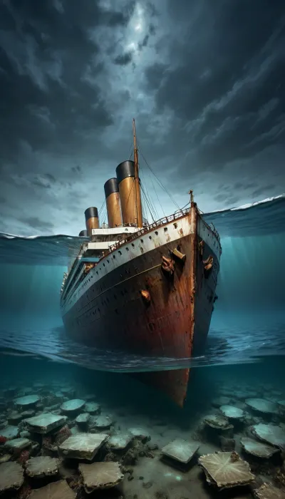 Here is a description of the image, One-sentence summary, A digitally created image depicts the sunken RMS Titanic resting on the ocean floor amidst debris and icebergs, under a dark, starlit sky, conveying a somber and haunting atmosphere.

Detailed description, The image is a digital rendering, likely an artistic interpretation rather than a photographic recreation, of the Titanic shipwreck. The scene is split between an above-water and an underwater perspective.&nbsp;

Above Water, The upper portion shows the partially submerged stern of the Titanic, listing heavily to starboard. The ship is largely intact but appears weathered and decaying, covered in a layer of what seems like ice or sediment. The surrounding water is dark and turbulent, with scattered icebergs visible in the distance. The sky is a deep twilight blue, dotted with stars, and there are dark, heavy clouds suggesting a stormy atmosphere.&nbsp;A faint orange glow suggests a distant sunrise or sunset, creating a contrast with the overall darkness.

Underwater, The lower portion of the image shows the underwater portion of the wreck. The hull is mostly obscured by sediment and marine life, implying the passage of time. Several dark, indistinct shapes within the debris field could be interpreted as the remains of ship furnishings or even human forms. There are numerous small, dark shapes that look like fish or other marine organisms scattered around the wreck.&nbsp;The ocean floor visible below the sunken ship consists of uneven rocky formations. Several indistinct skeletal-looking shapes are also visible near the bottom.

Overall Atmosphere and Mood, The overall atmosphere is intensely somber and melancholic. The dark colours, the sunken ship, and the presence of icebergs create a sense of tragedy and loss. The image evokes feelings of awe and perhaps even a sense of the immense power of nature. The digital nature of the piece adds a somewhat surreal quality to the image, enhancing its dreamlike and haunting nature. The artist has clearly aimed to capture the profound historical significance of the event and the enduring mystery of the ship's demise., <lora:detailed_notrigger:.8>, green, eyes, blue, brown, perfecteyes, <lora:PerfectEyesXL:.8>, <lora:CinematicStyle_v1:.8>, breasts, cutout, clothing, nipples, <lora:2BoutOvalSDXL2-000002:.8>