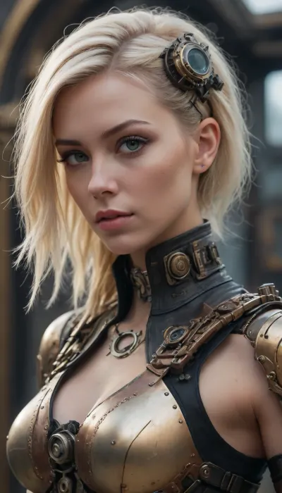 procreate hypermobile cyberpunk, beautiful blonde woman with steampunk body, mechanical, (((intricate details:1.2)))