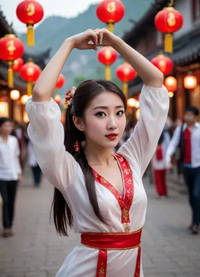 A wide street, lots of red lanterns, lots of red, which is linked to luck and prosperity, ((a pretty Chinese girl with wide eyes, wearing traditional white festive clothes)), ((she put her hands behind her head while dancing:1.5)), ((her dress unbuttoned at the chest, revealing her perfect breasts with dark nipples)), (bare tits:1.3), festive atmosphere, bright lights, hope for the future. Realistic photo, high image quality.