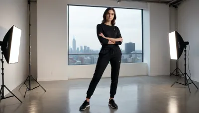 full body view, 20-year-old brunette standing in front of a large window with city outside facing viewer, professional casting photo studio, studio lights, black sweatpants and black top, stud10, white, screen, <lora:stud10:.8>