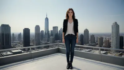 full body view, 20-year-old brunette standing on the roof of a skyscraper with skyline in the background facing viewer, professional casting photo studio, studio, stud10, at noon, white, screen, <lora:stud10:.8>