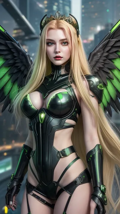 cyberpunk style, 23-year-old milf, bright golden long hair to her waist, black tiara with bright green leave on her head, detailing, thin black eyebrows, narrow pale purple thoughtful eyes, overdetalization, straight small nose, red plump lips, thin neck, sand clock-shapd physique, black and green sibcon leather armor, with green and black angel wings n her back, stand on the roof of a skyscrapr on a starry night