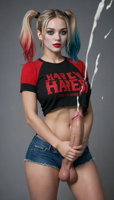 ((Asian beauty wearing Harley Quinn outfit)), ((words "CUM SLUT" Printed on !/4 T-shirt)), Under boob, ((massive GG cup fake round Silicone boobs)), exposed midrift, denim shorts, dim background, dark eyes, (with a mole in the corner), piercing gaze, fair skin, gold embellishments, gold jewelry, surreal, earrings. Slender waist, fashion design, epic character design, gold and red Gothic tattoos, motion blur, light, depth of field, foreshortening, blurred edges, contrasting lighting, head turning, (depth:1.3), (blurred), . Best quality, stunning quality, latest, very beautiful, futanari, mastrubation, Holding cock, erect penis, hard penis, sagging testicles, veiny cock, ((Massive cumshot thick ropes of cum shooting out of cock)), throbbing cock, ((Face Covered in cum))