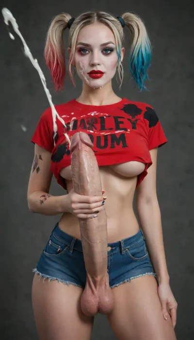 ((Asian beauty wearing Harley Quinn outfit)), ((words "CUM SLUT" Printed on !/4 T-shirt)), Under boob, ((massive GG cup fake round Silicone boobs)), exposed midrift, denim shorts, dim background, dark eyes, (with a mole in the corner), piercing gaze, fair skin, gold embellishments, gold jewelry, surreal, earrings. Slender waist, fashion design, epic character design, gold and red Gothic tattoos, motion blur, light, depth of field, foreshortening, blurred edges, contrasting lighting, head turning, (depth:1.3), (blurred), . Best quality, stunning quality, latest, very beautiful, futanari, mastrubation, Holding cock, erect penis, hard penis, sagging testicles, veiny cock, ((Massive cumshot thick ropes of cum shooting out of cock)), throbbing cock, ((cum Covered Face))