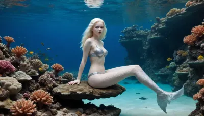 Absolutely albino just 18-year-old 3-feet-height mermaid, slightly smiling, in a transparent silver scaley bra, legless, with a sturgeon tail, diving serenely full-length deeply in a clear blue sea among corals and fishes