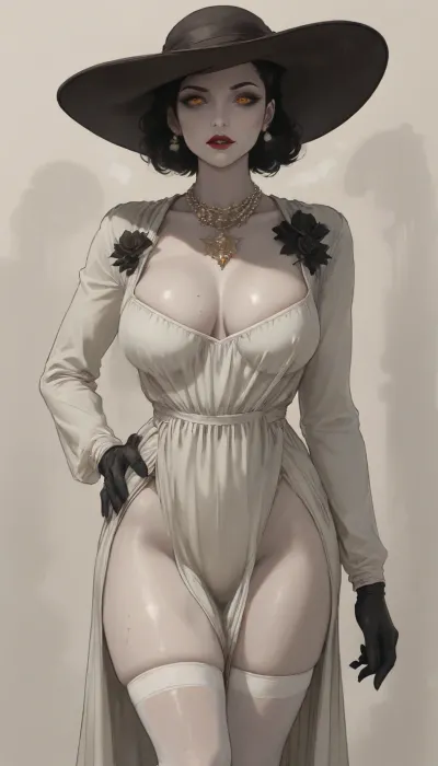 ((Thick outline:1.4), ((Cartoon Style:1.5)), ((Hentai)), lineart, line, art), (Alcina Dimitrescu:1.5), ((grey-white skin)), (bimbo, thick body), little more than medium close up, looking at viewer, solo, standing, white thigh highs, at mansion, breasts exposed, (((oily skin))), ((woman 40 years)), sweat bands, fake eye lashes, dark eye make up, mouth open, wystyle, jtcstyle, <lora:cartoon_stickers_xl_v1:.7>, <lora:outline_xl_kohaku_delta_spv5x:1>, <lora:望月style:1.9>, <lora:EnvyStylizedXL01:1.4>, <lora:加藤彩style:1.8>
