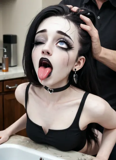 Skinny petite goth girl, long hair, disheveled hair, (pulling head back forcefully), (standing fucking), looking up, (((fucking from behind:1.4))), goth outfit, pale skin, (wide eyes), skinny face, narrow head shape, (smeared makup), she is griping sink, (((ahegao face:1.6))), (wide eyes:1.2), (((one eye half closed:1.4))), (rolling eyes:1.6)