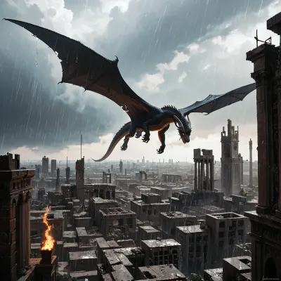 A black dragon releasing flames, flying over the ruins of a city, dark sky, rain of ashes