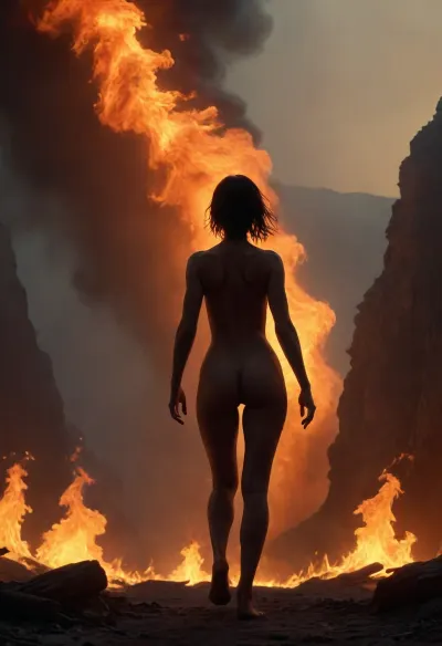 cinematicpainting, sharp mountains with epic clouds, fog, mist, (masterpiece, best quality), ultra-detailed, add-detail-xl, DetailedEyes_V3, perfect eyes, skin blemish, detailed skin, <lora:Cinematic_Painting_XL_V02:.5>, BREAK, a nude 20yo girl is walking, inferno, all, over, black, background, flame, jet, from, right, left, below, big, calm, flames, silhouette, <lora:inferno:.8>