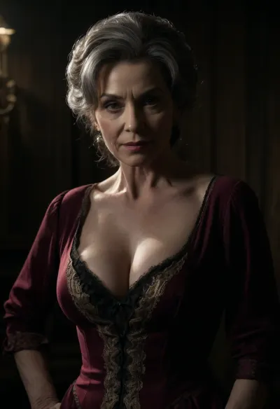 ((Masterpiece, best quality, edgQuality, photorealistic, ultra photorealistic)), (mature:1.8), gilf, granny, seductive smile, standing, posing for a picture, edgJG fashion, a woman in a burgundy victorian gown, wearing edgJG_style clothing, big cleavage, masterpiece, best quality, woman laid back, tilt back the head, cinematic scene, cinematic lighting, night, raytrace, sharp focus, best shadow, 8K, UHD, extremely sharp, extremely detailed, extremely intricate detail, high res, ultra-high-definition, highly detailed, ultra-sharp textures, finely detailed, perfect skin texture, hyperrealistic lighting, professional photography, full dynamic range, deep contrast, high clarity, realistic depth of field, HDR, perfect exposure, smooth gradients, natural reflections, ultra-fine details, realistic skin pores, individual hair strands, soft shadows, color-graded, perfect face, High detailed photo, high quality photo, dim light, contrast, sharp background, fine detailed background, dark, bottom-rear view, various positions, score_9, score_8_up, score_8, score_7_up, score_7, score_6_up, detailxl, <lora:edgGallianoXL:2>, <lora:681678_training_data:1>, <lora:dark:.1>