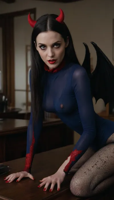 (action scene), teacher, anorexic slender, long straight black hair, big eyes, happy, red lips, vampire sharp fangs, red long nails, vampire ears, bat wings, xenomorph tail, bent over a heavy wooden desk, blue lace turtleneck top, nylon fishnet pantyhose, small perky breasts, hard long nipples, (masterpiece), (8K HDR), (highly detailed), side view