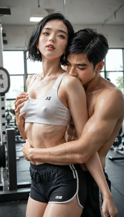 18 years old Chinese beauty, (short straight black hair:1.3), green eyes, thin body, small breasts, natural skin texture, white sports bra, black shorts, in gym, athletic chinese man, short hair, topless, man hugging woman, man groping woman breasts, wide angle, aug_girl_1, shu7, <lora:aug_girl_1-000005:1>, <lora:Shu7_XL_0_:2>