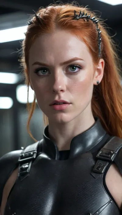 female, 25 years old, long ginger hair, messy hairstyle, green eyes, freckles, extremely beautiful, angry, (muscular:1.4), small muscular breasts, (chiseled pecs:1.4), eye contact, cyber punk, in space, dark starship, uggly window, high detailed, close to face, portrait, nose ring, nose piercing, septum ring, (fully dressed in dark grey carbon combat gear with sharp metal spikes:1.5), From below