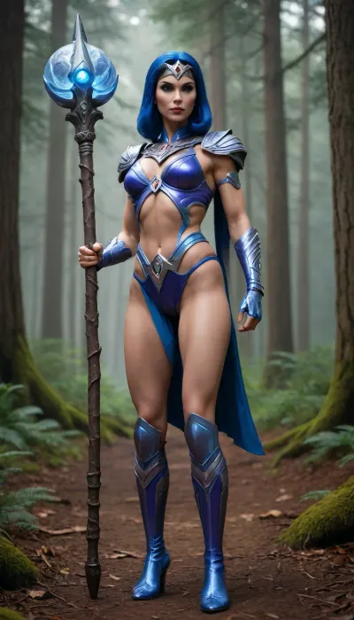 (masterpiece, best quality, ultra HD, hyper-realistic, high res, ultra realistic 8k cg), ((full body view)), Evil-Lyn from Masters of the Universe, he-man, masters of the universe, signature outfit, walking in forest, toned legs, holding staff with orb