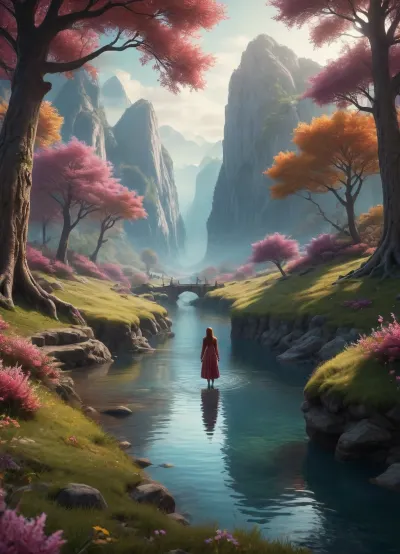 Imaginative natural landscape, beautiful colors, mythical creatures. Gentle, peaceful atmosphere, dreamy women.