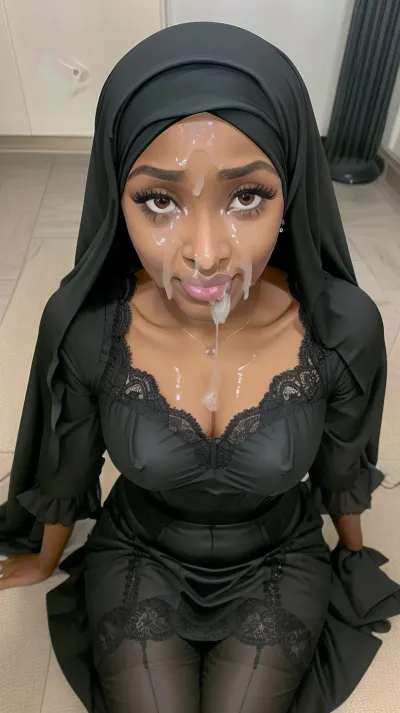 Mauritanienne allongée sur un tapis, peau très noires, pleure, douleur, triste, crier, traditionnele abaya niqab hijab noire fluorescent, lbouchz pulpeuses épaisses, yeux noires intenses, collant resilles, gros seins nue, tétons noires, cumfacial55, cumshot, cumfacial, facial, <lora:cumfacial55_v2:1.5>