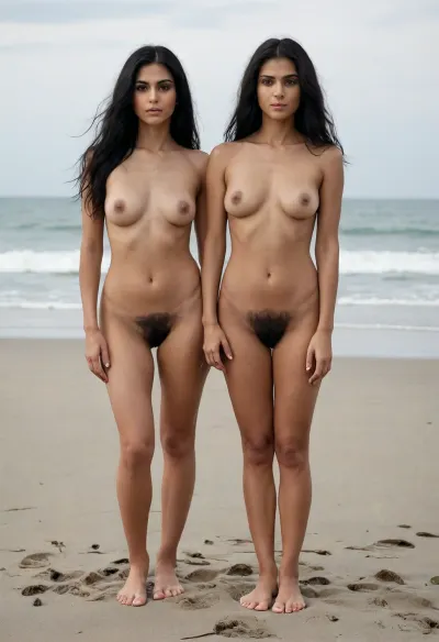 2 woman, persian, indian, all 19 super pretty, long black hair, hairy pussy, nude, showing their hairy pussy, white background more pussy hair full body, all 2 women full body facing front, standing, thin build, both girls same size, on the beach, legs open