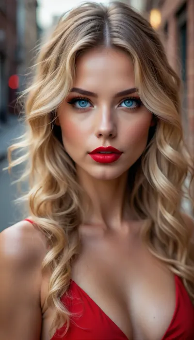 girl • wall • long hair • dress • photo • photographer • blue eyes • model • lips • face • blonde • urban • red dress • portrait • mouth • makeup • close up • wavy hair • red lipstick • lipstick • looking at camera • depth of field • bare shoulders • looking at viewer • Kyle Cong, but, <lora:SDXLFaeTastic2400:.8>, <lora:BUT_SDXL_SHS:.8>