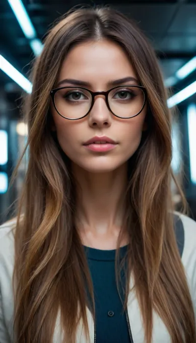 long hair • model • women • brunette • glasses • highlights • straight hair • women with glasses • women indoors • ombre hair, <lora:SDXLFaeTastic2400:.8>