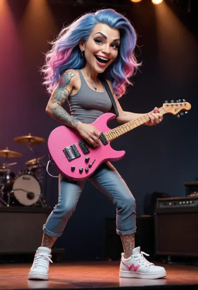 funny caricature, rocker female human caricature, middle-aged caucasian female, 38 years old, blue flowing hair, tattooed arms, athletic build, big cartoonish head, exaggerated caricature features, confident expression, wearing gray crop top, pink baggy pants, white sneakers, black guitar strap, caricature style with bold outlines, on stage, gigs, lights, vivid colors, dramatic shading, whimsical, playful, digital painting style with vibrant colors, smooth gradients, glossy highlights, dynamic, action, hair swing