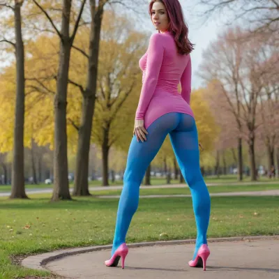 Big cock in blue tights fucks ass of woman in pink tights, park background