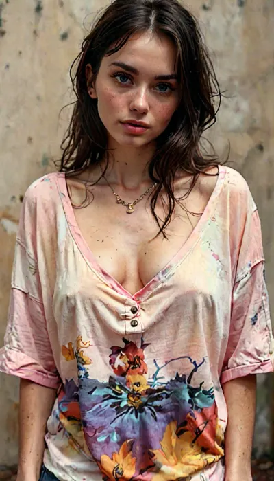 beautiful busty woman, (oversized_shirt), (colorful shirt), 4k, high-res, masterpiece, best quality, finely detailed skin, sharp focus, (cinematic lighting), collarbone, night, soft lighting, dynamic angle, (detailed face), but, braless, Wearing, clothes, that, make, sense, with, Braless>, <lora:MJ52:2>, <lora:BUT_SDXL_SHS:.3>, <lora:add-detail-xl:2>, <lora:bralessSDXL_v1_00022:.9>