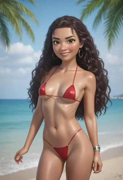 Moana, Disney heroine, adventurous Polynesian woman, strong and confident, warm brown skin, long flowing wavy dark brown hair, expressive brown eyes, determined and kind smile, medium firm breasts. Wearing red micro bikini decorated with island patterns. Standing at the shore of a tropical island with turquoise ocean waves, palm trees, and a bright sky. Cinematic, highly detailed, Disney-inspired style, vibrant colors, uplifting atmosphere.
