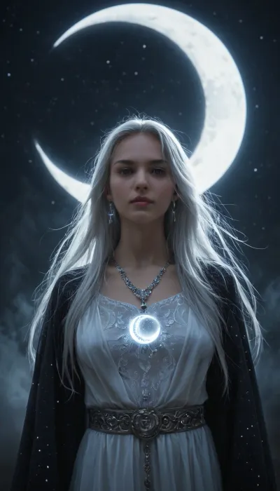 Selûne, goddess of the moon from Forgotten Realms, depicted in a darker and more solemn aspect. Tall and ethereal, pale silver-blue glowing skin, long flowing white hair tinged with shadows, silver eyes reflecting sorrow and wisdom. Wearing deep midnight-blue and silver robes embroidered with fading stars and crescent moons, jewelry shaped like twin moons. A faint silver halo glowing behind her, contrasted with tendrils of shadow creeping at the edges, symbolizing her eternal conflict with Shar. Standing on a celestial battlefield of starlight and darkness, moonlight breaking through swirling shadow. Highly detailed, ultra-realistic dark fantasy art, cinematic and mystical atmosphere.