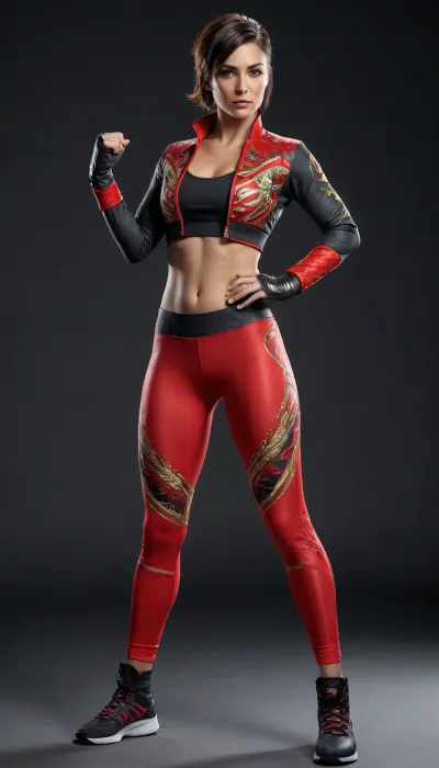full-body render of an athletic woman in a dynamic fighting stance, colorful embroidered cropped jacket with geometric patterns, sleek red leggings with metallic trims and leaf motifs, sports bra top, fingerless gloves, short dark hair with a bright feather hairpiece, confident expression, dramatic rim lighting, ultra-detailed fabric, high-end video game character art, studio black background, 3D key art, (8k

Steps:30), • CFG, 6.5–8 • Sampler, DPM++ 2M Karras • Size, (832x1216 • Seed:123456)