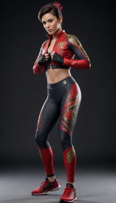 full-body render of an athletic woman in a dynamic fighting stance, colorful embroidered cropped jacket with geometric patterns, sleek red leggings with metallic trims and leaf motifs, sports bra top, fingerless gloves, short dark hair with a bright feather hairpiece, confident expression, dramatic rim lighting, ultra-detailed fabric, high-end video game character art, studio black background, 3D key art, (8k

Steps:30), • CFG, 6.5–8 • Sampler, DPM++ 2M Karras • Size, (832x1216 • Seed:123456)