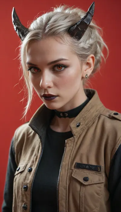 score_9_up, score_9, score_8_up, score_8, score_7_up, score_7, cinematic lighting, raw, high quality, 4k resolution, absurdres, masterpiece, dynamic lighting, high contrast, detailed face, sinozick style, 1girl, solo, (cute), (pale skin:1.2), (red eyes), (black sclera), black makeup, black lipstick, (white hair:1.2), short hairs, braided hairstyle, ponytail hairstyle, looking at viewer, (jacket:1.1), model pose, (cyberpunk horns:1.1), (model pose:1.3), (deep red background), sketchy background