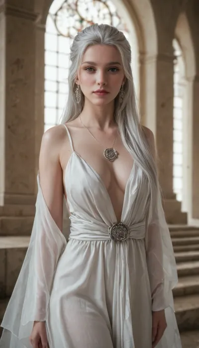 Crysania Tarinius from Dragonlance Legends, stunningly beautiful human cleric of Paladine, tall and elegant with a slender build, pale flawless skin, long flowing silver-white hair, and piercing gray eyes that radiate wisdom and compassion. Wearing flowing white clerical robes embroidered with silver trim and holy symbols of Paladine, a silver medallion of faith resting at her chest. Standing in a grand temple bathed in shafts of divine light, her hands raised in prayer as radiant energy glows around her. Ultra-realistic high fantasy art, highly detailed, cinematic divine atmosphere, serene yet powerful presence.