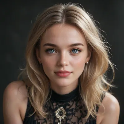 black black background, Cinematic still the viewer looks down at a 50yo girl, Maya Lauqué, french, short blond hair, blonde blonde, Black dress with a black and white floral print, no visible underwear, She's gazing up with big, blue eyes. The first-person perspective immerses the viewer. 4k epic detail, shot on kodak, 28mm photo, sharp focus, high budget, cinemascope, moody, epic, gorgeous, film grain, grainy, score_9, score_8_up, score_7_up, YeuxLarge, clear blue eyes, well-defined blond eyebrows, Thin lips colored with dark red lipstick, Slightly parted lips, revealing her upper teeth, High, defined cheekbones, light blush on her cheeks, Fair skin with no visible imperfections, Small smile lines at the corners of her eyes, Short, bobbed hairstyle with a side part, beautiful lady, (freckles), big smile, blue eyes, long hair, dark makeup, hyperdetailed photography, soft light, head and shoulders portrait, cover, blonde hair, supermodel face, <lora:Beautify-Supermodel-SDXL:.7>