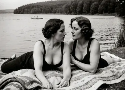 daguerreotype photo, 1920s Candid amateur photo, two mature natural stocky slutty mature women, pubic hair, saggy breasts, massaging, on a blanket lakeside, selective focus, blurred background, highly detailed, vibrant, perspective control, 127 roll film, 1920s photography, historical photo, aged photo, black & white photography, damaged photo, fdec, <lora:fdec:.8>