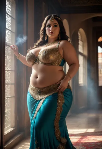 Oriental, ((fat curvy bbw)), belly dancer, chubby face, (huge fat bust), Arabic palace, dark, pretty eyes, soft lips, light rays through window, smoke, full body shot, <lora:add-detail-xl:.8>