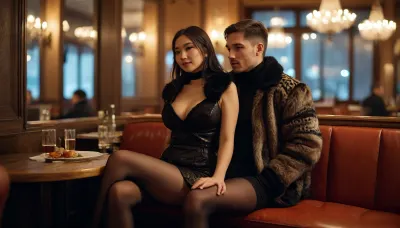 ((couple)), ((1 man, 1 woman)), (((sitting in lux chik restaurant))), and it's winter in St. Petersburg, short asian curvy woman, European man, round ass, surveillance, in full height, the whole body is visible, expression on face, 30 years old short woman, saint-petersburg winter ultra short tight black dress, in motion, dynamic movement, black ultra-short fur jacket, over-the-knee boots, black pantyhose with patterns, <lora:MJ52:.8>