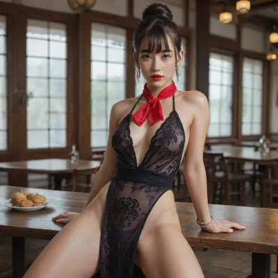 pretty Anorexic Chinese woman with pretty medium breasts, in a cafe, chi-chi, black, hair, bun, bangs, sidelocks, eyes, chinese, clothes, purple, transparent dress, earrings, red, bracelets, orange, neckerchief, <lora:Chi_Chi_Diffusion_SD_XL-05:.8>, open legs, no underwear, red lipstick, no bra