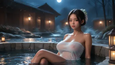 One 35 years old japanese woman, asian face, very red cheeks, half-closed eyes, mouth ajar, no makeup, sitting in an onsen, body immersed in water, aqua level at the navel, long black hair in bun, (big breasts:1.1), tiny moon, (dark night:1.9), (very hot water vapor:1.4), steaming water, (negative_v2, (Color_Balance_Adjustment:.8), see-through_silhouette, towel, nude)