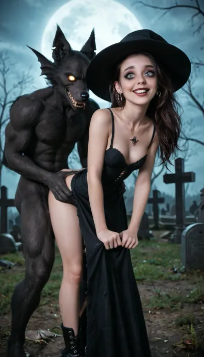 A sexy cute slender, tiny little young sexy petite, tween witch being fucked in the ass in a cemetery at night., ((standing anal sex)), ((fucked by a werewulf)), ((bent over a grave)), ((standing fuck)), ((spooky cememtery)), ((Her black menacing witch gown was a second skin of dark silk, cut low at the neckline so the firelight danced across the curve of her collarbone)), then flowing loose in sheer panels that drifted with her every step. A slit traced high along her thigh, revealing the smooth edge of lace garters above her tall, laced boots. Her hat sat at a playful angle, more a crown of temptation than a tool of sorcery, while waves of glossy black hair spilled over her shoulders, catching faint glimmers like strands of starlight., (Black necklace with tiny skulls), ((Black dangling earrings with bats)), Huge tits, massive tits, creepy vibe, dark makeup

Around her waist, a silver chain cinched tight, from which dangled charms that chimed softly with each sway of her hips. Her lips, painted the color of crushed wine, curved into a knowing smile—an invitation and a warning in one. Her eyes sparkled beneath their smoky veil, promising secrets to anyone bold enough to come closer. Even her perfume—something dark, floral, and sweet as midnight blossoms—seemed like a spell, wrapping itself around those near her. She was allure incarnate, a witch who didn’t need to whisper enchantments, her very presence was a magic that drew hearts willingly into her grasp., ((creepy cemetery)), ((Full moon)), ((bats and spiders everywhere)), (anal sex), w1+ch, titcup, <lora:Witch_SDXL_r1:2>, <lora:Microwaist_XL_v01:.8>, <lora:titcupv2_SDXL:.8>, cemetery, graves, pumpking, bats, <lora:Halloween Series_ Spooky Cemetery_epoch_5:.8>