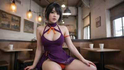 pretty Anorexic Chinese woman with pretty medium breasts, in a cafe, chi-chi, black, hair, bun, bangs, sidelocks, eyes, chinese, clothes, purple, dress, earrings, red, bracelets, orange, neckerchief, <lora:Chi_Chi_Diffusion_SD_XL-05:.8>, open legs, no underwear, red lipstick, no bra, view from below, 2B_Nier_Automata_1024, <lora:2B_Nier_Automata_1024:.8>