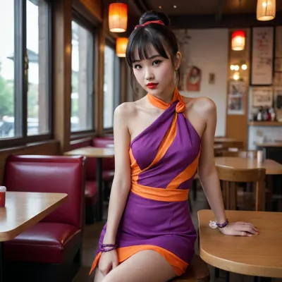 pretty Anorexic Chinese woman with pretty medium breasts, in a cafe, chi-chi, black, hair, bun, bangs, sidelocks, eyes, chinese, clothes, purple, dress, earrings, red, bracelets, orange, neckerchief, <lora:Chi_Chi_Diffusion_SD_XL-05:.8>, open legs, no underwear, red lipstick, no bra