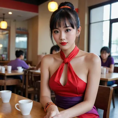 pretty Anorexic Chinese woman with pretty medium breasts, in a cafe, chi-chi, black, hair, bun, bangs, sidelocks, eyes, chinese, clothes, purple, dress, earrings, red, bracelets, orange, neckerchief, <lora:Chi_Chi_Diffusion_SD_XL-05:.8>, open legs, no underwear, red lipstick, no bra