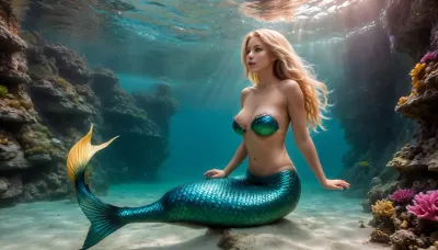 masterpiece, award winning photo, (intricate detail:1.4), ultra realistic, underwater mermaid civilization, (deep ocean with many colors of fish and coral in the background:1.3), (25_year_old), (mermaid_swimming:1.9), side profile view, (full body view:1.6), (yellow mermaid tail:1.3), beautiful face, gorgeous green eyes, sexy lips, shoulder length blonde hair, ponytail, (topless:1.7), (small natural perky tits:1.6), erect nipples, mermaid, underwater, grotto, cave, sandy, sea, floor, reef, 4ng3l, face, <lora:78046e3c-2820-4935-8cdb-2fb69110ac02.TA_trained:1>, <lora:Underwater_Environment_v01-000002:1.5>, <lora:Vivid Midjourney mimic - XL SDXL v2.0:1>, <lora:SDXL_BetterFaces-LoRA_v1:1.4>