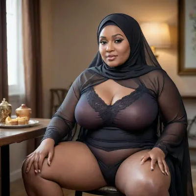 Femme Ebony de 50 ans, potelé, curvy, bbw hijab, en nuisette transparente, corps complet, écarte le cuisses assise sur une table. Femme Ebony de 50 ans, écarte le cuisses assise sur une table se touche entre les jambes et touche un sein