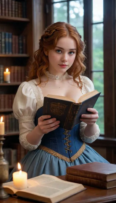 A serene, softly lit library with towering oak bookshelves and the warm glow of candlelight. Dust motes drift lazily in the air, catching the faint shimmer of magic. An enchanting young chubby plump woman with large, blue-grey eyes, (sparkling with curiosity), and voluminous, wavy red hair, (coppery strands catching the light), sits curled in a plush armchair. Her freckled cheeks and delicate features give her an innocent, almost fairy-like charm. She cradles an ancient leather-bound book titled in gilded runes, its pages faintly emitting a soft, pulsating blue light, hinting at the magic within. Her fingertips hover just above the text, as if sensing its energy. Wisps of ethereal mist curl from the pages, dissolving into the air. She wears a cozy, vintage-inspired outfit, a high-collared blouse with lace details and a velvet corset vest, blending fantasy and realism. A warm, diffused glow from a nearby lantern highlights her hair and the book’s radiance, casting delicate shadows. Subtle magical effects, Tiny floating runes or sparks fade in/out of focus near the edges of the frame, enhancing the otherworldly tone. Background is blurred shelves stacked with peculiar artifacts, (crystal orbs, quills that move on their own), suggest a world where magic is real but hidden. A cat with reflective eyes peers from a shadowy corner, watching the chubby young woman with intrigue. Ultra-detailed textures, the frayed edges of the book, individual strands of hair, the weave of her clothing, all rendered in 4K photorealism with a cinematic depth of field. Think a blend of *Studio Ghibli’s* whimsy meets *Alex Ross’s* hyperrealism, with lighting akin to *Greg Rutkowski’s* magical scenes., plump, skindentation, chubby, bbw, venus, body, big, breasts, ass, <lora:Chubby BBW - XL:2>