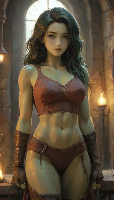Photorealistic extremely lifelike image of a breathtaking high-fantasy skinny female rogue-warrior standing in a torch-lit stone dungeon chamber. She is a beautiful Palestinian supermodel woman with light olive skin and a hourglass toned thin athletic physique. She has a heart-shaped face with soft feminine features, large almond-shaped bright-hazel eyes, a narrow rounded nose, and full lips curved in a confident smirk. Her long, straight curly dark brown hair with blonde-highlights flows past her shoulders, slightly tousled from battle.She wears a revealing, sexy rogue intricate outfit made of black leather and crimson fabric—an enchanted Solid Cami Crop Top & Split Thigh Long Skirt Set-style top with cutouts that expose defined abs, and high-slit armored thigh straps that leave most of her strong thick thighs bare. A pair of fingerless gloves and knee-high leather boots complete the look. Her toned arms and sculpted legs show off her physical strength and agility. She has a curved dagger at her side and a glowing arcane "SUN" sigil tattooed on her hip.Her expression is confident and sultry, standing with one hand on her hip, the other resting on her weapon. The background is a fantasy dungeon with stone walls, glowing runes, and faint magical mist. The lighting is warm and dramatic, casting shadows that accentuate her curves and muscle tone, high detail, cinematic lighting, fantasy realism, intricate costume design, 8K, full-body character portrait, RPG character art, sexy fantasy aesthetic, perfect anatomy, best quality, 8k, insane details, intricate details, hyperdetailed, hyper quality, ultra detailed, professional, HDR, ray tracing reflection, highlydetailedbody, realisticface, highlydetailedhair, insanelydetailed, 8K.highdetailedskin, highresolution, perfectfingers, (j_cartoon:1.5), Drawing, green skin, fit, strong, muscular, big, ohwx, woman, She-Hulk, she-hulk, jennifer, walters, tyxla, <lora:SHEHULK_SDXL-000005:.8>, <lora:tyla_juggerX_xl_1_st_wocap-tyxla-000086:2>, <lora:samdoesarts1.1-000030:.4>, <lora:J_cartoon:.3>, <lora:Animated_Concept:.4>