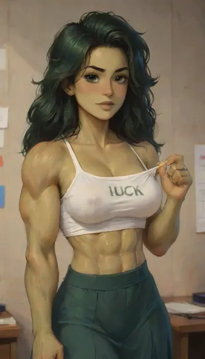 Photorealistic extremely lifelike image of a breathtaking high-fantasy sexy younger she-hulk female rogue-warrior standing in a torch-lit stone dungeon chamber. She is a beautiful fitness supermodel woman with light-green skin and a hourglass toned thin athletic skinny slim physique. She has a heart-shaped face with soft feminine features, large almond-shaped bright-green eyes, a narrow rounded nose, and full lips curved in a confident smirk. Her long, straight curly dark brown hair with blonde-highlights flows past her shoulders, slightly tousled from battle.She wears a revealing, sexy rogue intricate outfit made of black leather and crimson fabric—an enchanted Solid Cami Crop Top & Split Thigh Long Skirt Set-style top with cutouts that expose defined abs, and high-slit armored thigh straps that leave most of her strong thick thighs bare. A pair of fingerless gloves and knee-high leather boots complete the look. Her toned arms and sculpted legs show off her physical strength and agility. She has a curved dagger at her side and a glowing arcane "SUN" sigil tattooed on her hip.Her expression is confident and sultry, standing with one hand on her hip, the other resting on her weapon. The background is a fantasy dungeon with stone walls, glowing runes, and faint magical mist. The lighting is warm and dramatic, casting shadows that accentuate her curves and muscle tone, high detail, cinematic lighting, fantasy realism, intricate costume design, 8K, full-body character portrait, RPG character art, sexy fantasy aesthetic, perfect anatomy, best quality, 8k, insane details, intricate details, hyperdetailed, hyper quality, ultra detailed, professional, HDR, ray tracing reflection, highlydetailedbody, realisticface, highlydetailedhair, insanelydetailed, 8K.highdetailedskin, highresolution, perfectfingers, (j_cartoon:1.5), Drawing, green skin, fit, strong, muscular, big, ohwx, woman, She-Hulk, she-hulk, jennifer, walters, <lora:SHEHULK_SDXL-000005:.8>, uberfit, athletic, <lora:uberfit_lora_sdxl:.2>, <lora:style_lora_realis:.5>, <lora:M05_Intensify:.5>, <lora:attractive_notrigger:.2>