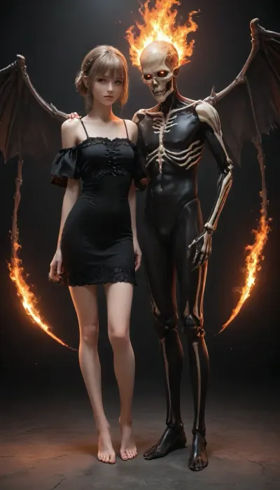 full body portrait of barefoot pale demoness with, ((skeletal ribcage torso)), ((two extra black skull heads attached at shoulders)), (two pairs of black skeletal wings), (dangling spinal cord), (glowing white eyes), wearing tight black lace mini dress, exposed bare legs, ((hovering)), above a fiery crater in the earth . cinematic lighting, dark fantasy illustration